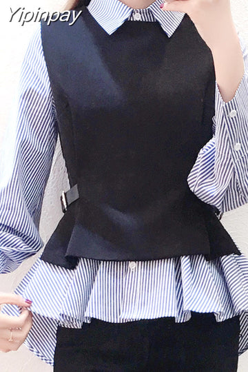 Yipinpay Patchwork Shirt Womens Tops Office Blouse Fake Collar ladies Blue Stripe Slim Casual Autumn Warm Shirts Long Sleeve 2PC